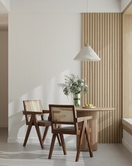 Scandinavian Dining Room Mockup with Wooden Table, Rattan Chairs, and Natural Light – 3D Interior Render