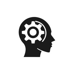 Silhouette of a human head with a gear inside representing thought process isolated on a white background
