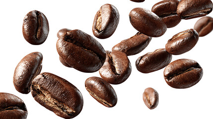 Obraz premium Falling coffee beans in mid-air, scattered motion, isolated on a white background