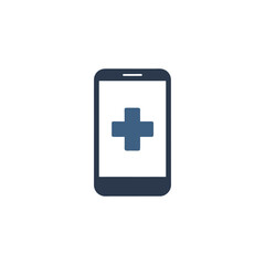 Smartphone displaying a blue medical cross symbol isolated on a white background