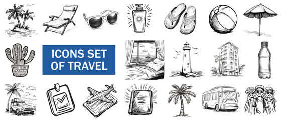 Icons set of travel in sketch style travel and tourism