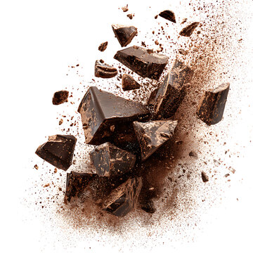 Falling chocolate chunks and cocoa powder explosion, isolated on a white background