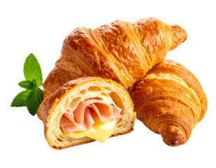 Croissant with visible layers and swirled crust on transparent background