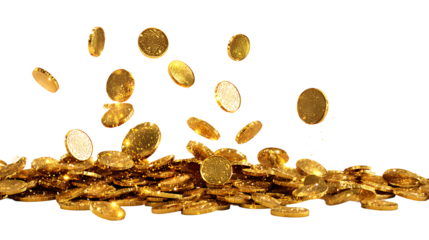 Falling gold coins with reflections and sparkles, isolated on a white background