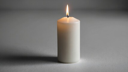 Minimalist white candle lit in soothing glow on gray background