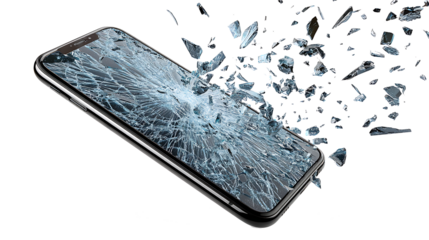 Falling smartphone with cracked screen in mid-air, isolated on a white background