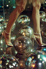Woman wearing party dress walking on dance floor with silver disco ball decorations. New year party event.