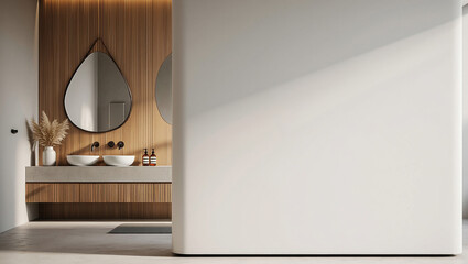 Modern bathroom design with wood paneling and dual sinks