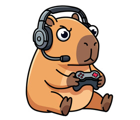 Gamer capybara character playing a video game with a controller and a headset. Funny mascot for an esports team, a streamer's channel, or a gaming blog. Cute cartoon illustration for geeks and video g
