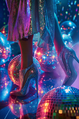 Woman with sparkly dress and high heels standing among disco balls. Party celebration and nightlife fun for disco fever design.
