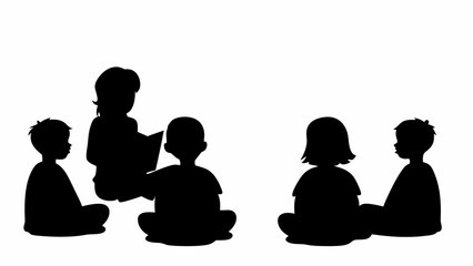 Silhouette illustration of children sitting in a circle listening to a story being read from a book