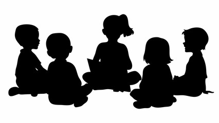 Silhouette of children sitting in a circle with one reading a book in a classroom setting together now