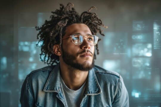 A man with dreadlocks wearing glasses looking up at the sky - Powered by Adobe