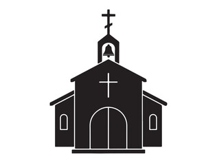 Simple black icon of a rural church with a front-facing cross and bell
