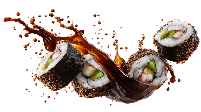 Falling sushi rolls with soy sauce splash, isolated on a white background.