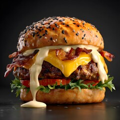 Extreme Close-up of a Premium Bacon Cheeseburger on Black