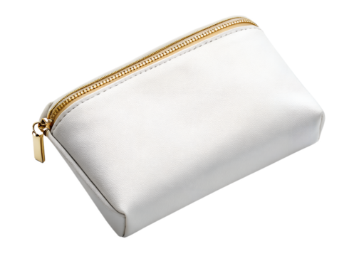 A shimmering silver makeup pouch with a golden zipper lies angled, isolated as a transparent PNG file on a clear background.