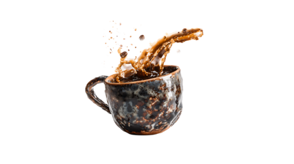 Falling ceramic coffee mug with steam and splashing coffee droplets, dynamic kitchen scene, isolated on a white background