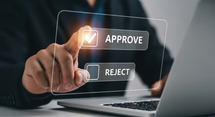 Approval Workflow Hand Tapping 'Approve' Button on Virtual Interface Displayed on Laptop Screen for Business Decision