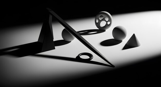 Geometric shapes including spheres and pyramids cast long dramatic shadows on a clean white surface with high contrast lighting.