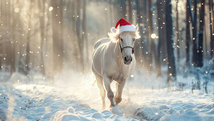 White horse wearing a red Santa hat galloping through a snowy winter forest. Christmas animal in nature for holiday greeting.