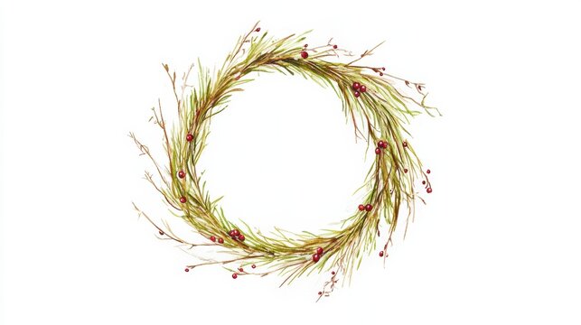Green leaf and red berry wreath isolated on white background.