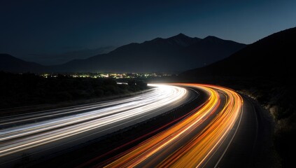 Night highway curves through mountains