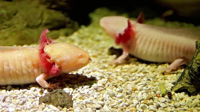 Two axolotls are resting on the gravel in an aquarium