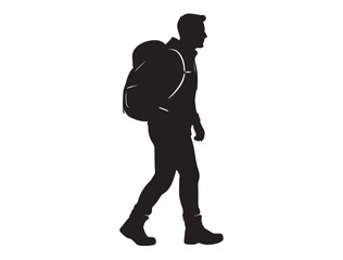 Vector icon of a man with hiking boots and backpack, black silhouette on white.