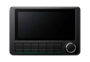 Compact car stereo with a 5-inch touchscreen and physical shortcut buttons below the screen