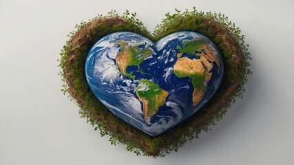 Heartshaped earth wrapped in lush greenery symbolizing love for nature and global unity