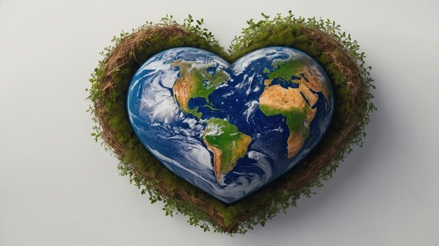 Heartshaped earth wrapped in lush greenery symbolizing love for nature and global unity