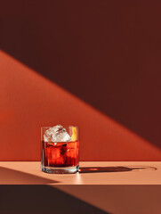 A glass of negroni cocktail with ice cubes and orange zest on a red background with dramatic sunlight