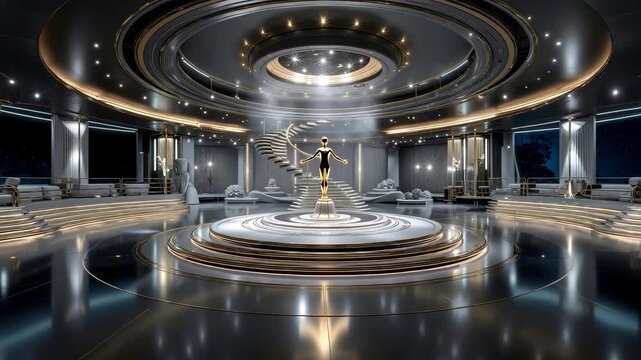 A stage set up for an oscar ceremony with a statue in the middle of it