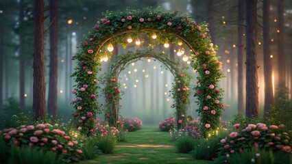 Fototapeta premium A serene forest scene features a floral archway adorned with lights, leading into a misty path surrounded by lush greenery and blooming flowers.