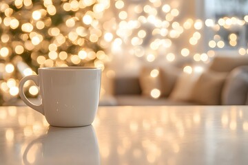 A sparkling clean coffee cup resting on a polished countertop, symbolizing the warmth and comfort a clean home brings, with copy space. 