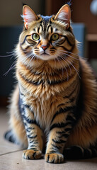 Close-Up Portrait of a Beautiful Domestic Tabby Cat with Stripes – Majestic Feline Features and Playful Kitty Gaze in Indoor Pet Photography – Soft Furry Coat and Cute Cat Sitting at Home