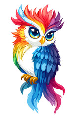 Fototapeta premium Colorful cartoon owl with vibrant feathers perched against a white background (1)