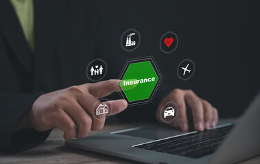 Businessman selecting digital insurance category on virtual interface showing icons for health, travel, home, auto, family protection, symbolizing online coverage and smart financial planning tools.