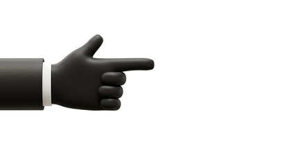 3d cartoon illustration, hand in black leather glove forming gun shape, pointing right, subject on the left side with copy space on the right. ,isolated on bright background, no text