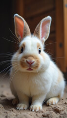 Adorable Fluffy White Rabbit: Cute Pet Animal Portrait of Curious Bunny with Big Ears and Colorful Ear Tips in Relaxed Pose - Indoor Pet Photography for Animal Lovers