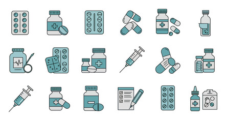 Illustration showcasing various medical supplies including pills bottles and syringes in a simple style