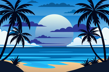 Obraz premium Tropical Beach at Night with Full Moon Reflection – Vector Illustration