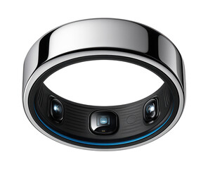 Ring-style biometric tracker with metallic finish and embedded sensors