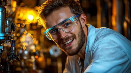 Young Scientist in Laboratory with Protective Glasses Analyzing Data and Conducting Research