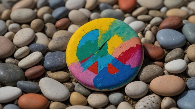 Vibrant painted peace sign rock on pebble beach