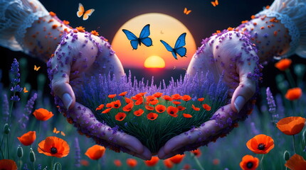 Surreal Hands of Lavender Holding Poppies and Butterflies at Sunset