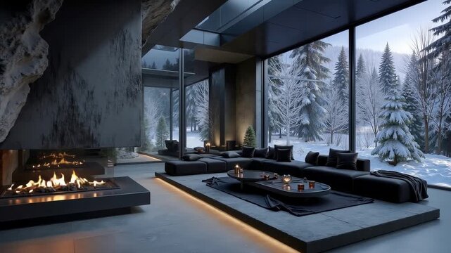A living room with a fireplace in the middle of it