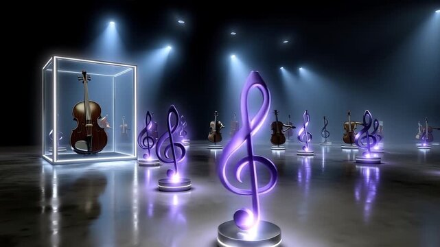 A group of musical instruments in a room with purple lights