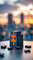 Single Puzzle Piece with a Cityscape Bokeh Background